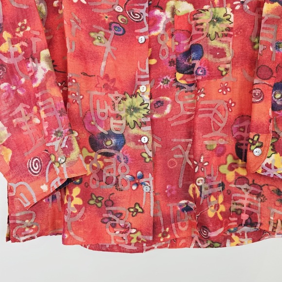 Chicos Women Large (2) Red Button Up Shirt Asian Inspired Sheer Linen Blend.A52‎ - Picture 9 of 11